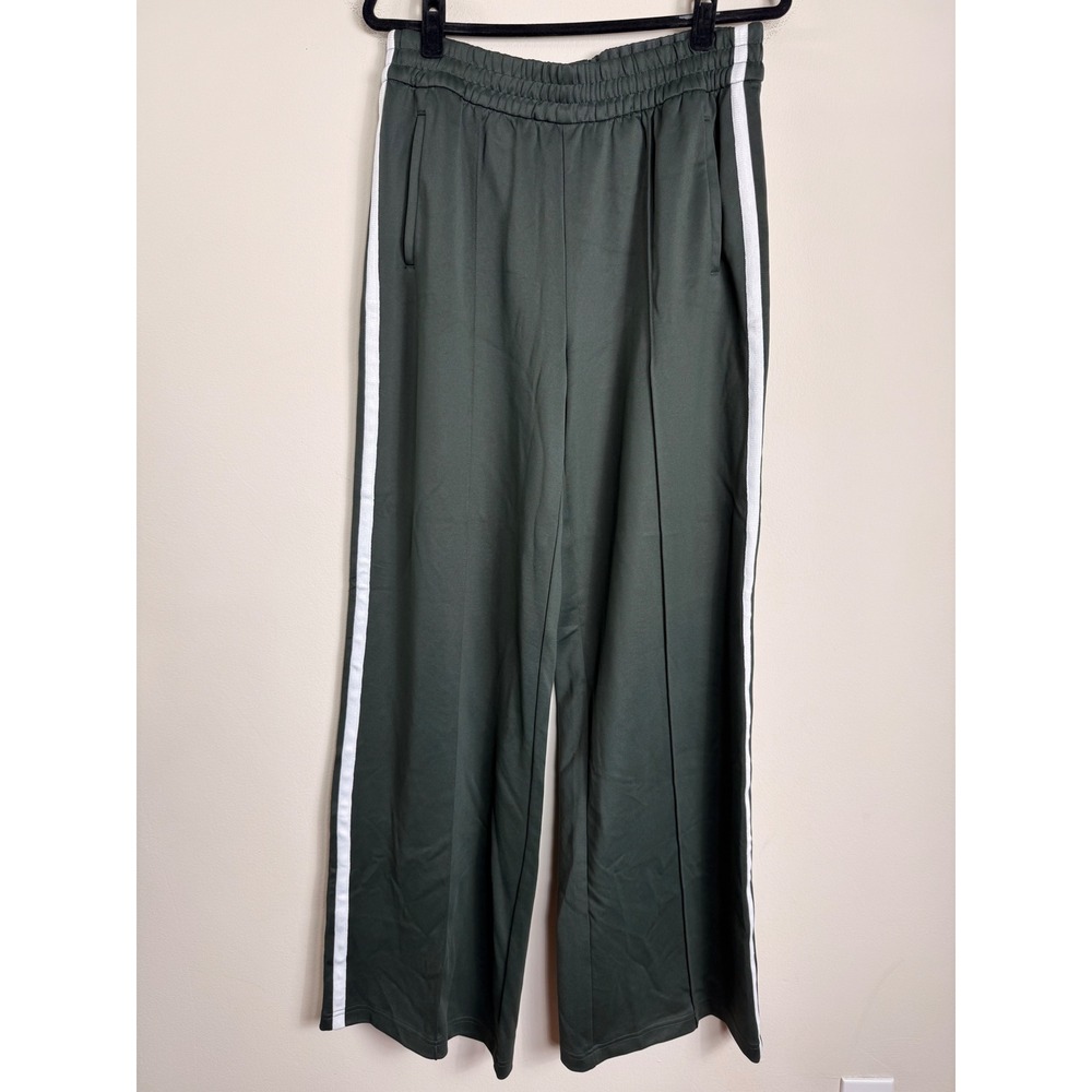 Athleta Tempo Mid Rise Wide Leg Track Pant Elm Green Sporty Side Stripe Med Tall - Picture 2 of 11
